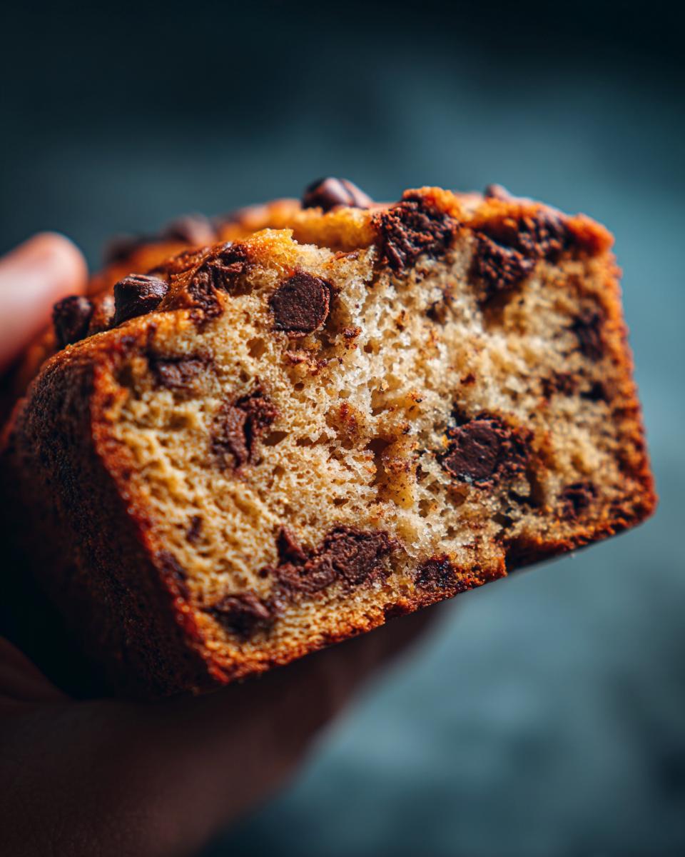 Close-up of a moist slice of chocolate chip banana bread, showing abundant chocolate chips.