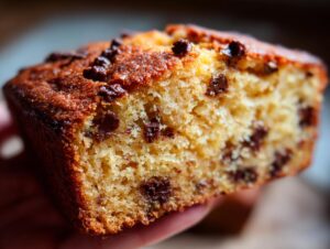 A close-up of a moist slice of chocolate chip banana bread, held in a hand.