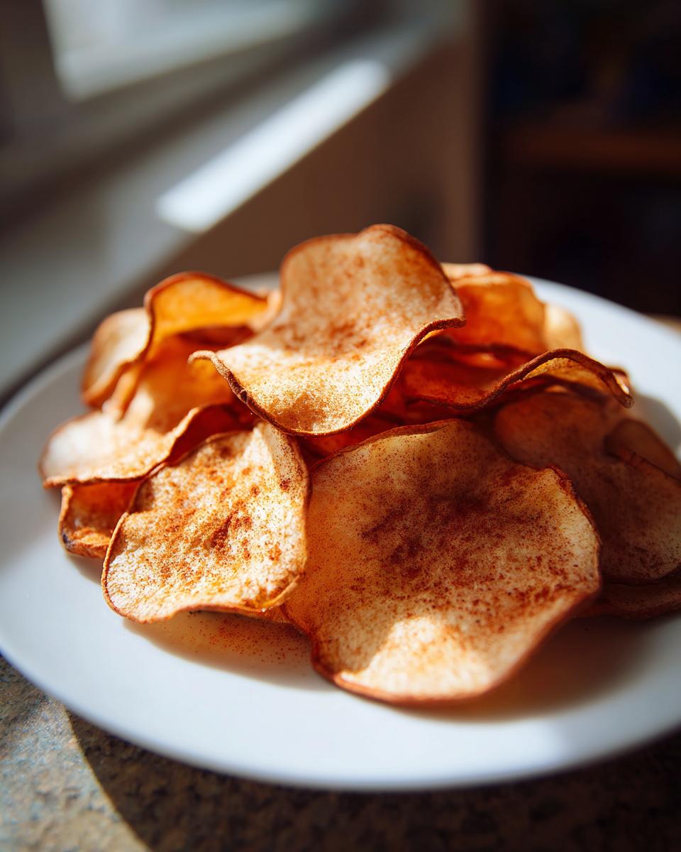 Close-up of a pile of crispy cinnamon apple chips dusted with cinnamon on a white plate.