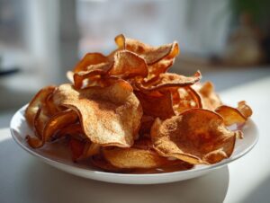 A close-up shot of a pile of crispy cinnamon apple chips dusted with cinnamon on a white plate.