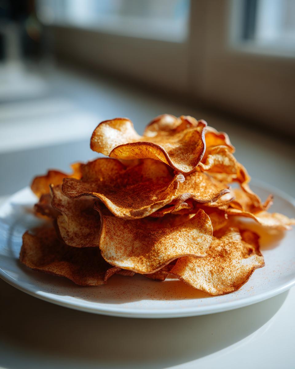 A close-up of a stack of crispy cinnamon apple chips dusted with cinnamon on a white plate.