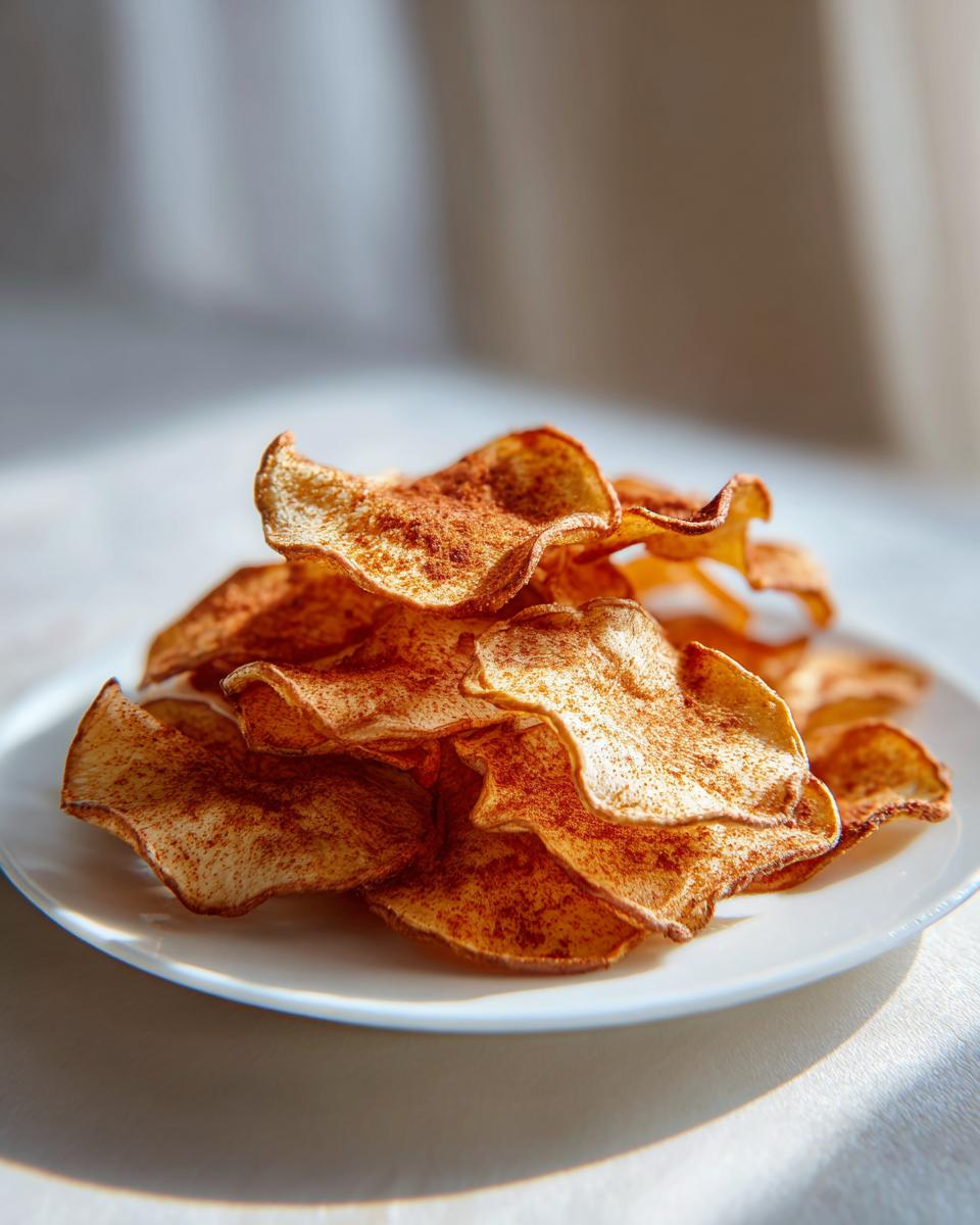 A close-up shot of a pile of crispy cinnamon apple chips dusted with cinnamon on a white plate.