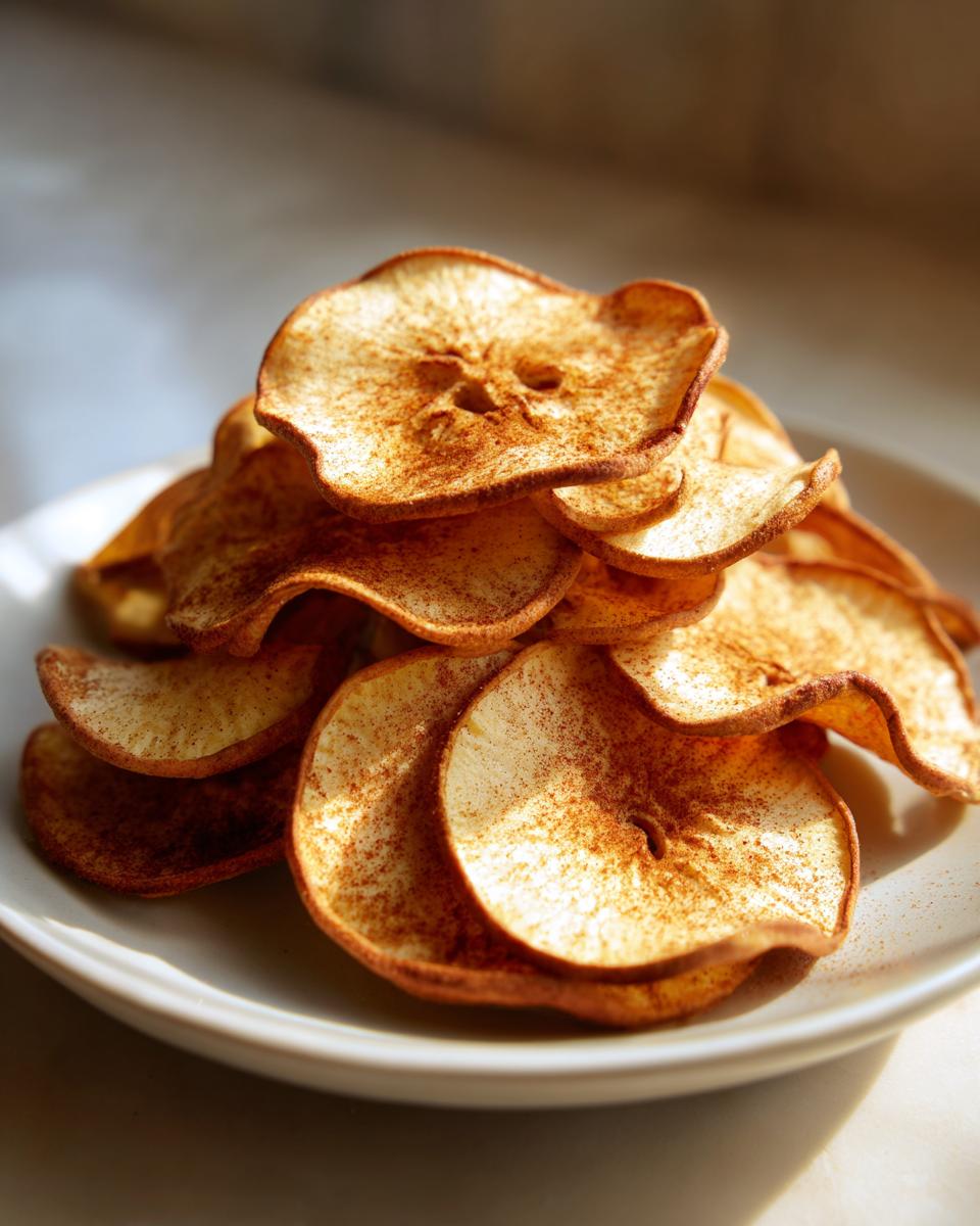 A close-up shot of a stack of crispy cinnamon apple chips on a white plate, sprinkled with cinnamon.