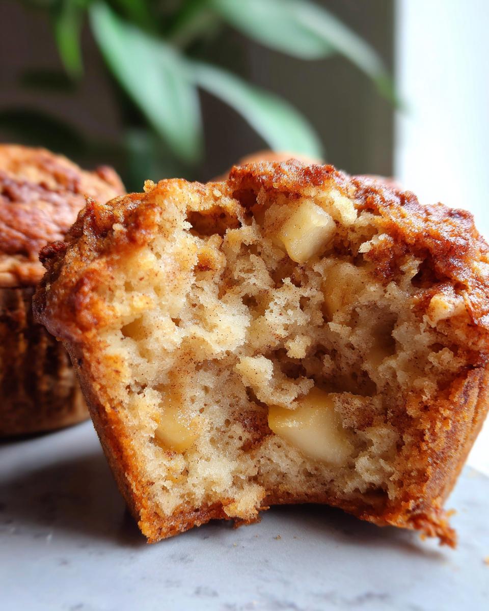 Close-up of a moist cinnamon apple muffin with a bite taken out, revealing chunks of apple and cinnamon.