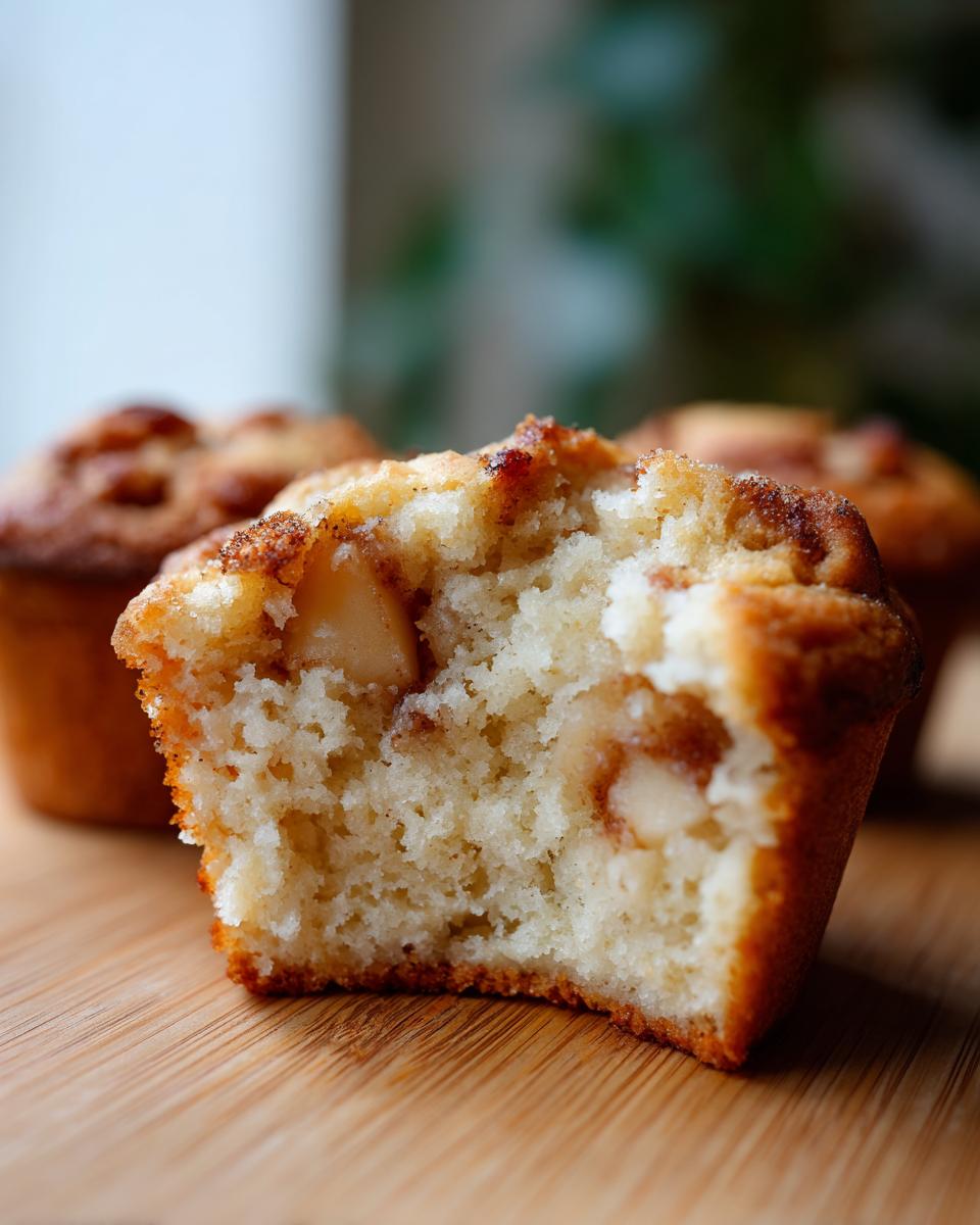 Close-up of a moist cinnamon apple muffin with a bite taken out, revealing chunks of apple and cinnamon.