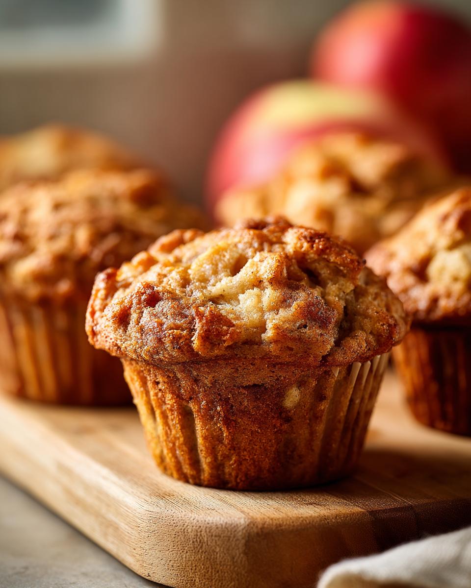 Close-up of a moist cinnamon apple muffin on a wooden board with more muffins and apples in the background.