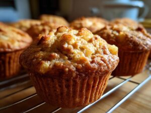 Close-up of a freshly baked cinnamon apple muffin with visible apple chunks and cinnamon topping.