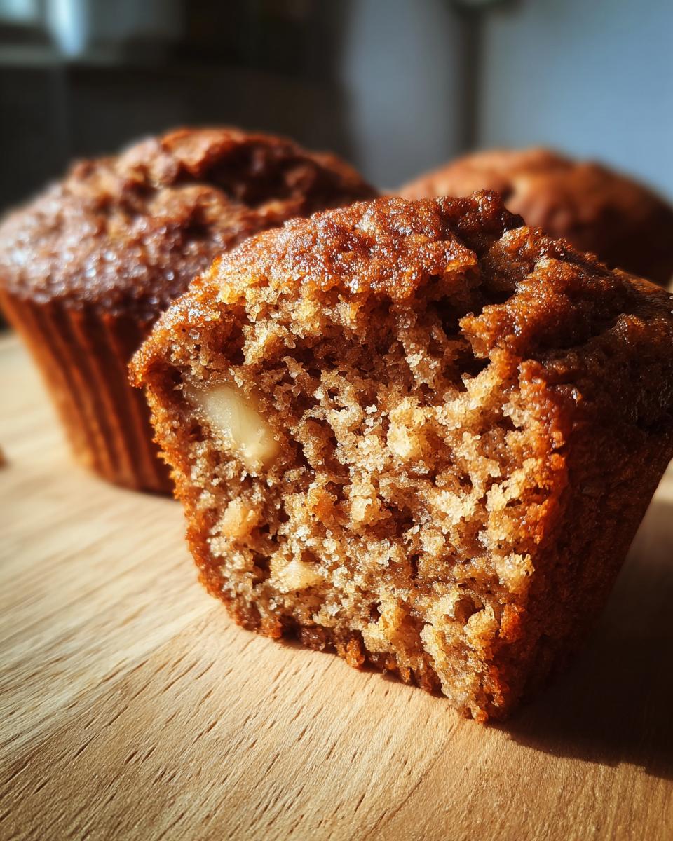 Close-up of a moist cinnamon apple muffin, with a bite taken out, revealing tender crumb and apple pieces.