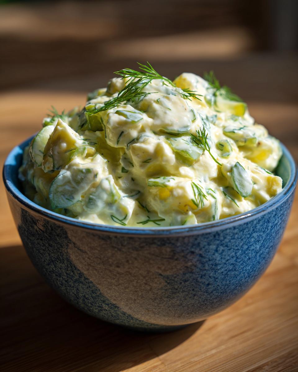 A close-up of a blue bowl filled with creamy classic egg salad, garnished with fresh dill.