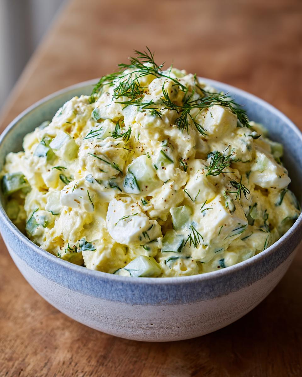 A bowl of creamy classic egg salad mixed with chopped cucumber and fresh dill.