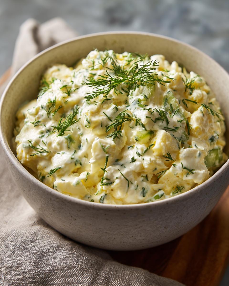 A close-up of a bowl filled with creamy classic egg salad, garnished with fresh dill.
