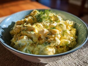 A close-up of a bowl of classic egg salad, generously mixed with creamy dressing and fresh dill.
