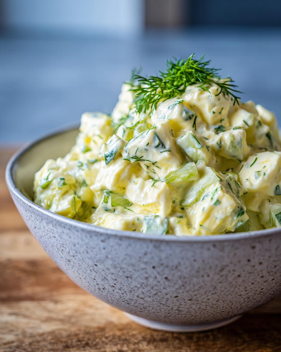A close-up of a bowl of classic egg salad, featuring chopped eggs, creamy mayonnaise, cucumber, and fresh dill.