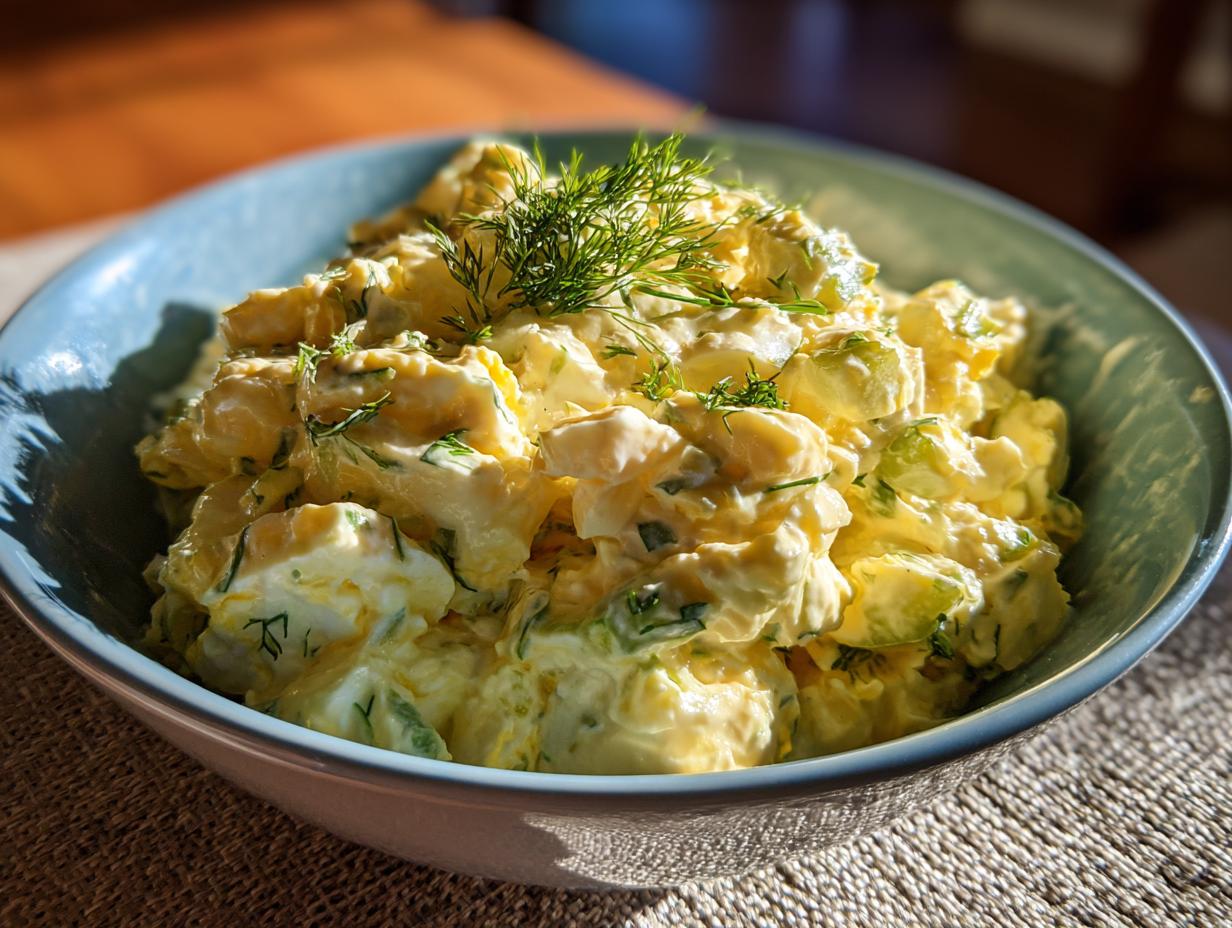 A close-up of a bowl of classic egg salad, generously mixed with creamy dressing and fresh dill.