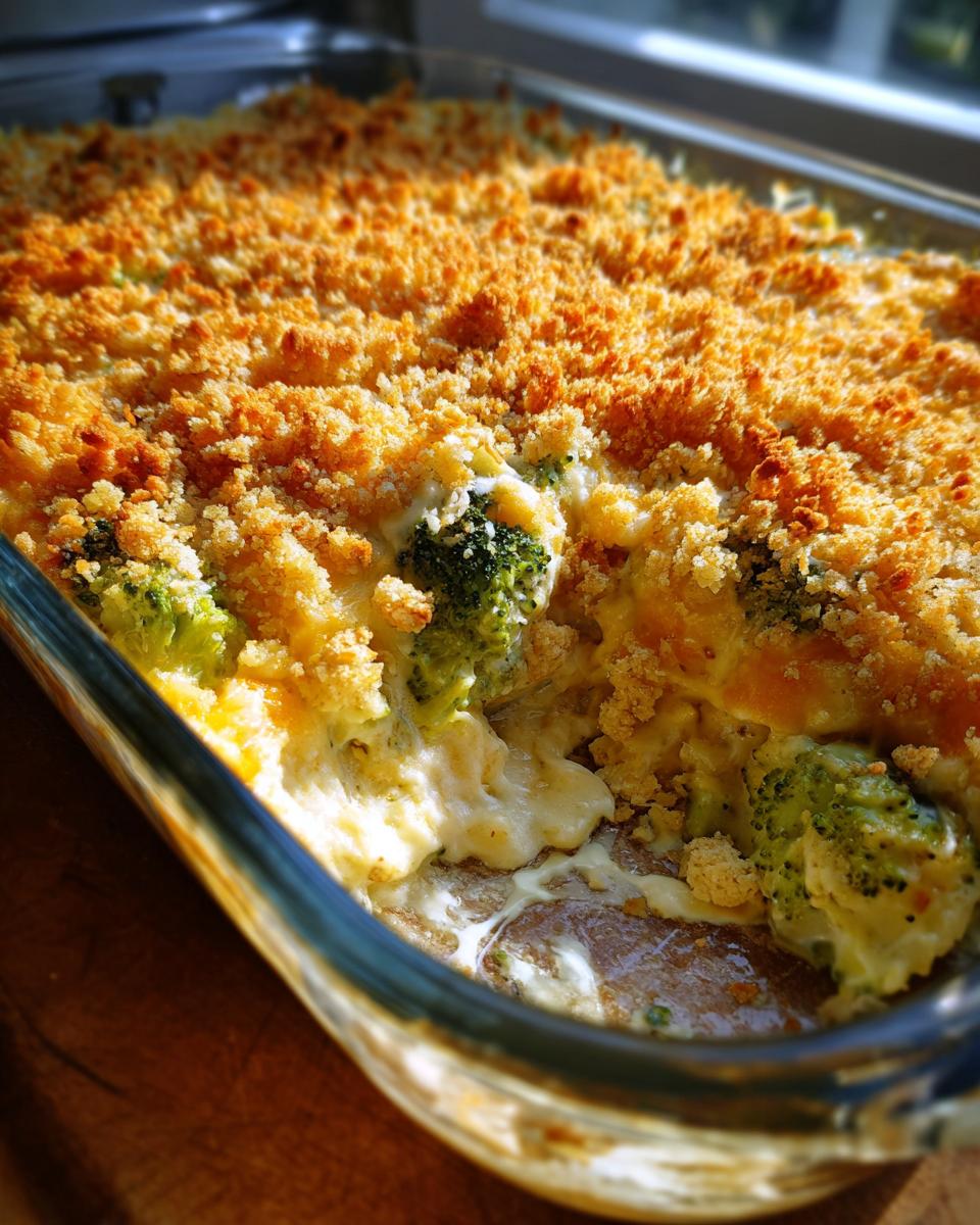 A close-up view of a bubbling broccoli cheese casserole in a glass baking dish, topped with golden breadcrumbs.
