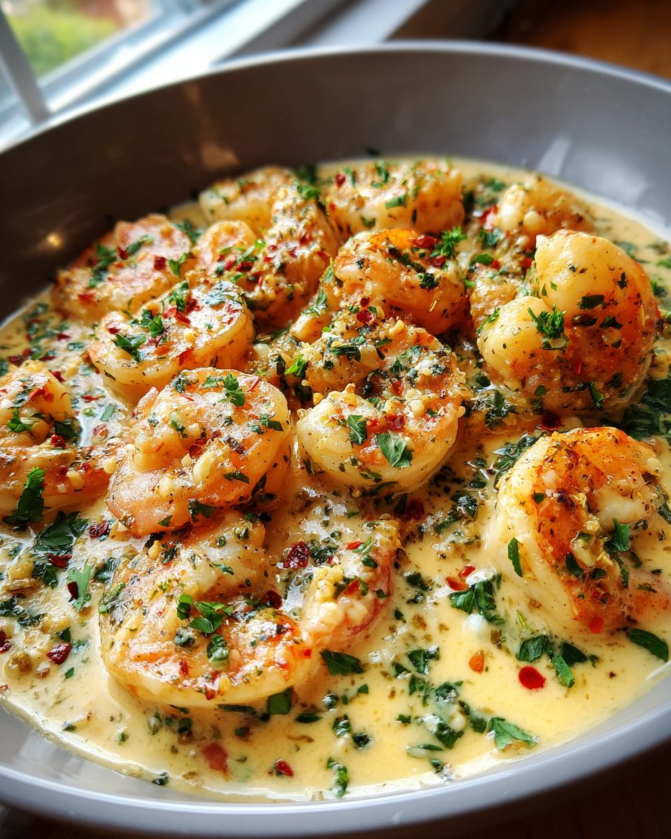 A close-up of a bowl filled with succulent creamy garlic shrimp, garnished with parsley and chili flakes.