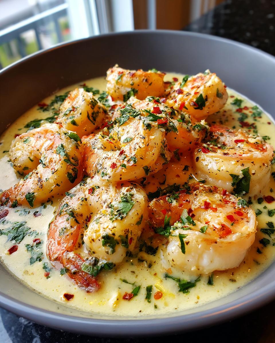 A close-up shot of succulent creamy garlic shrimp in a rich sauce, garnished with fresh parsley and red pepper flakes.