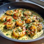 A close-up of delicious creamy garlic shrimp cooked in a skillet, garnished with parsley and red pepper flakes.