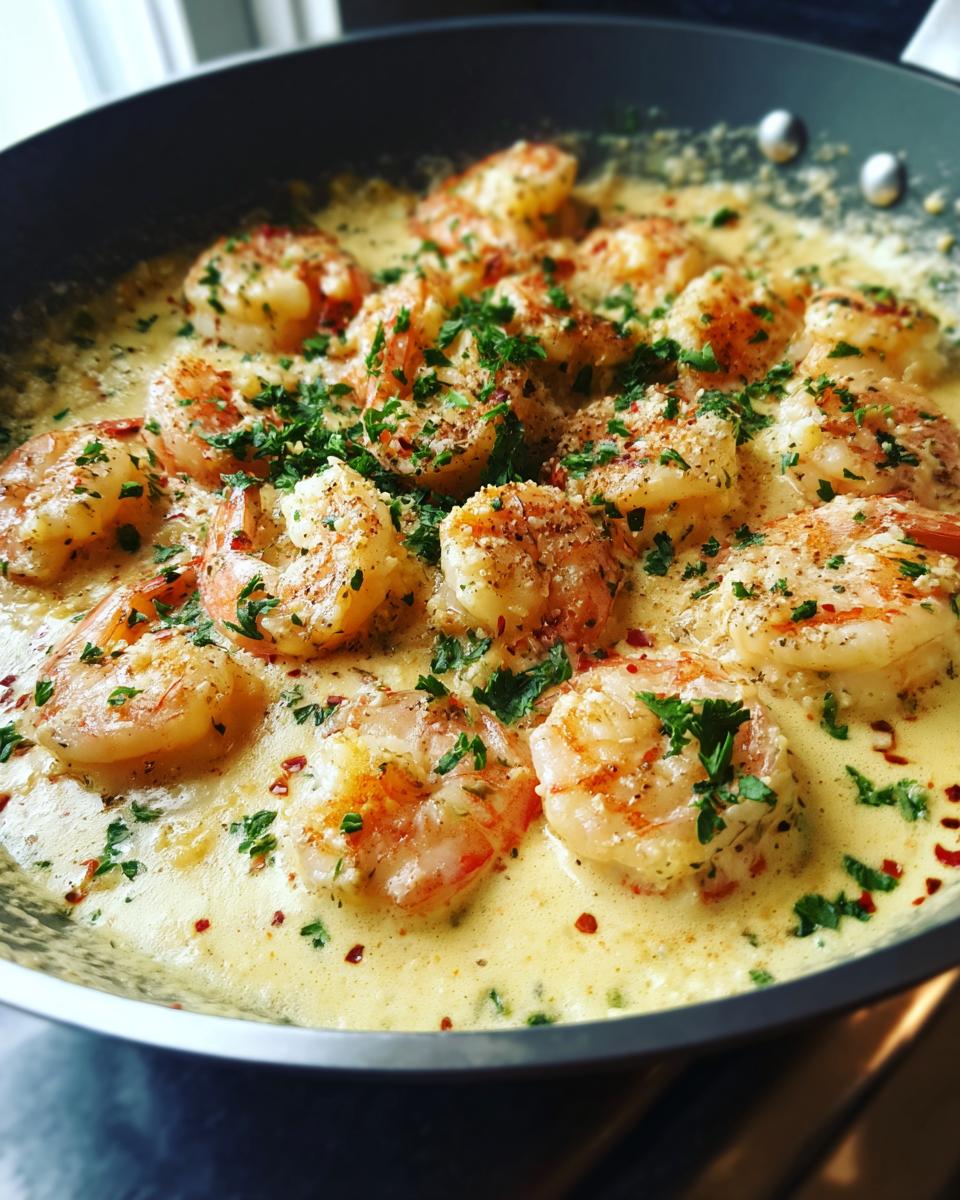 Close-up of succulent creamy garlic shrimp cooked in a skillet, garnished with fresh parsley and red pepper flakes.