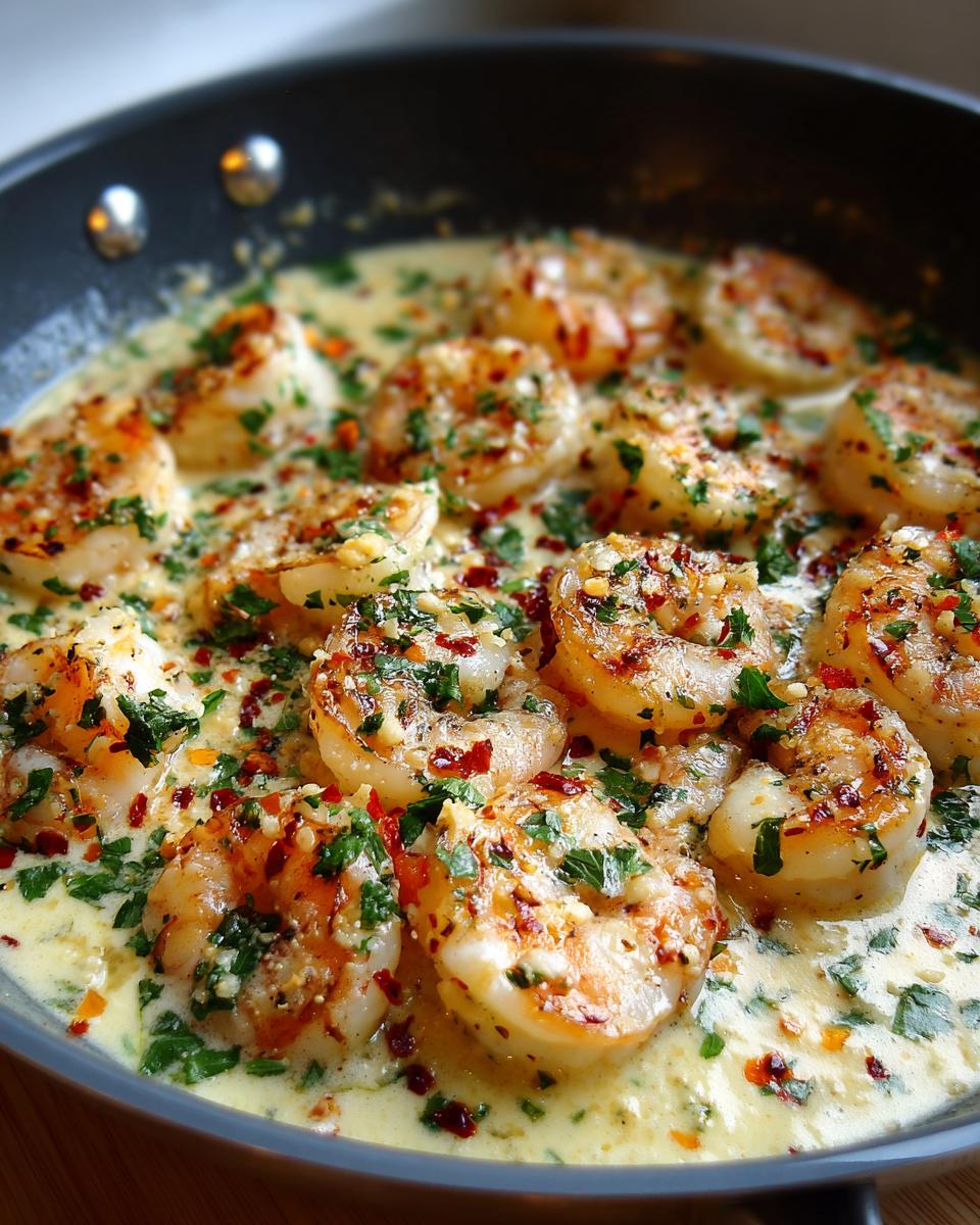 Close-up of succulent, pan-seared shrimp in a rich, creamy garlic sauce, garnished with fresh parsley and red pepper flakes.