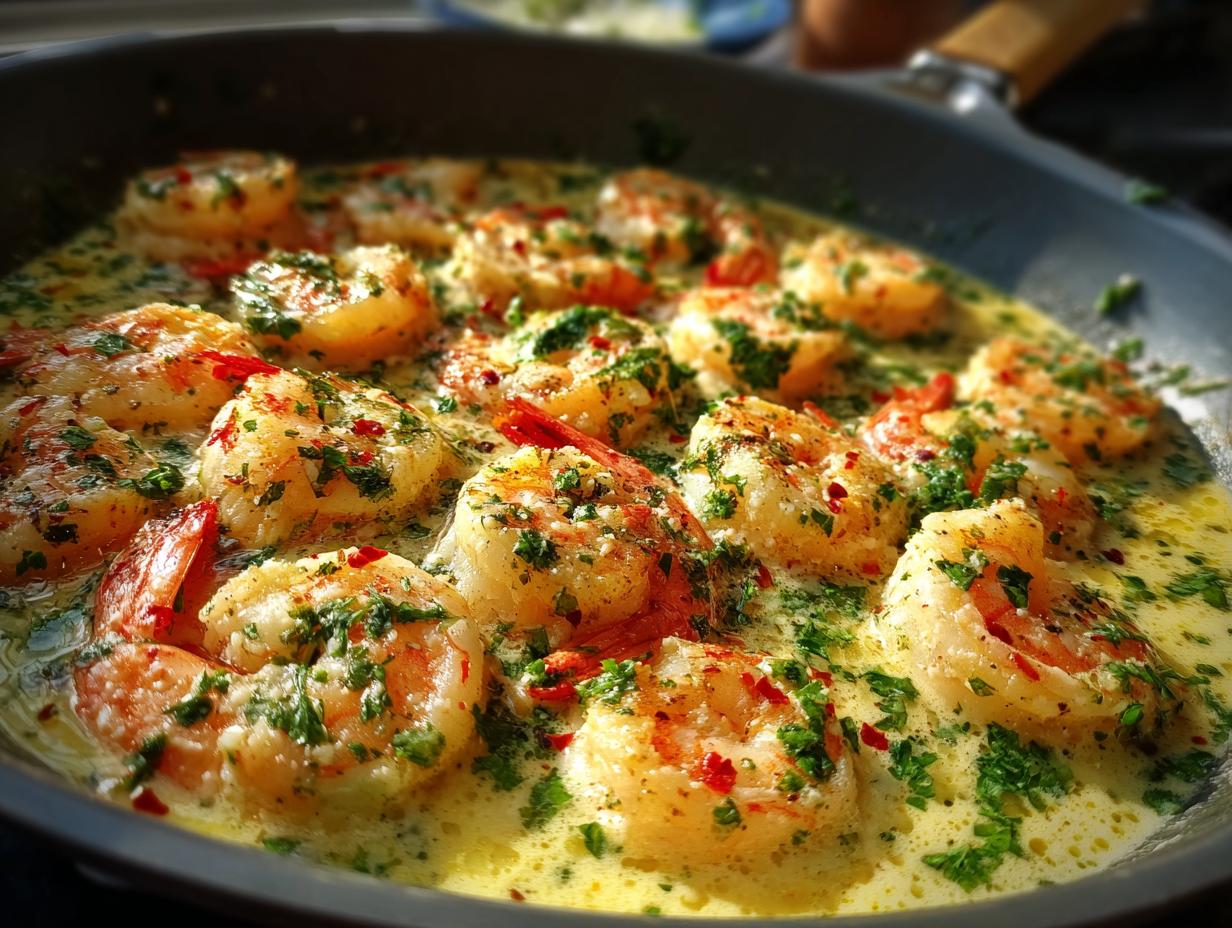 Close-up of juicy, plump shrimp cooked in a rich, creamy garlic sauce, garnished with fresh parsley and red pepper flakes.