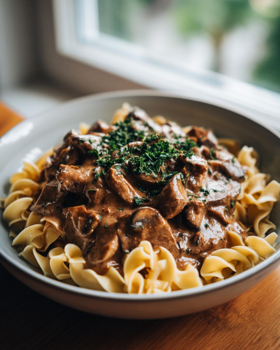 A close-up of a bowl of creamy mushroom stroganoff served over egg noodles, garnished with fresh parsley.
