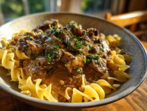 A close-up of creamy mushroom stroganoff served over egg noodles, garnished with fresh parsley.