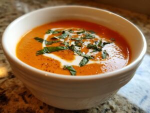 A close-up of a bowl of creamy tomato basil soup, garnished with a swirl of cream and fresh basil leaves.