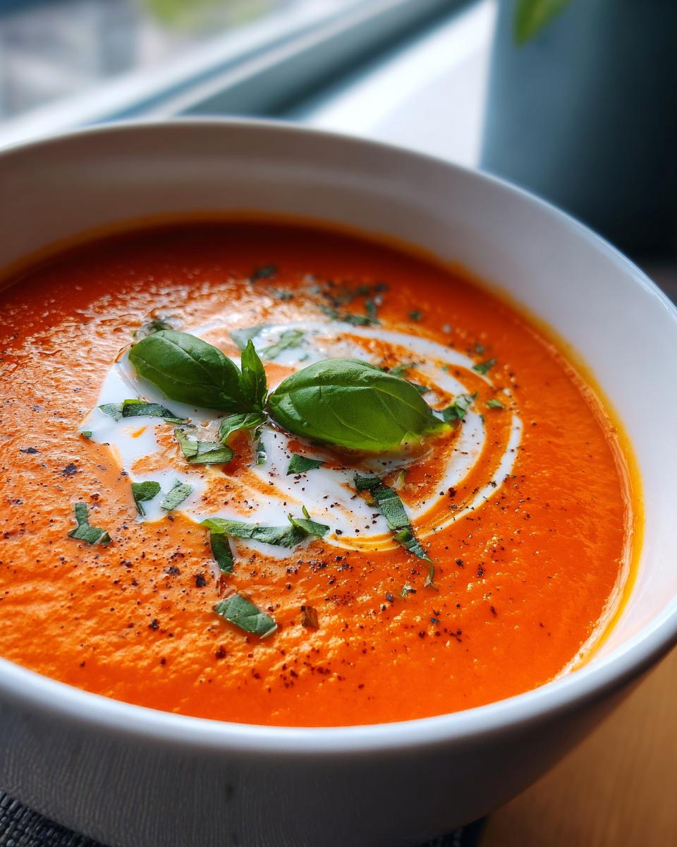 A close-up of a bowl of creamy tomato basil soup, garnished with a swirl of cream, fresh basil leaves, and chopped herbs.