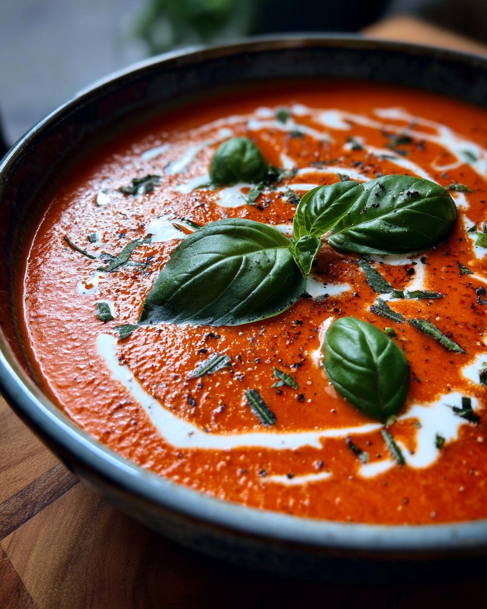 A close-up of a bowl of creamy tomato basil soup, drizzled with cream and garnished with fresh basil leaves and chopped herbs.