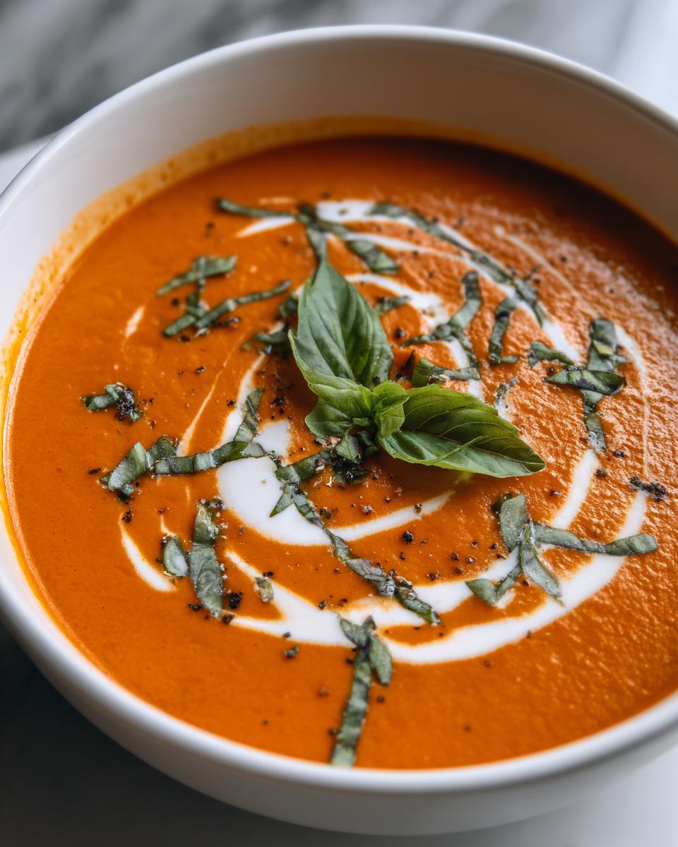 A close-up of a bowl of creamy tomato basil soup, garnished with a swirl of cream and fresh basil leaves.