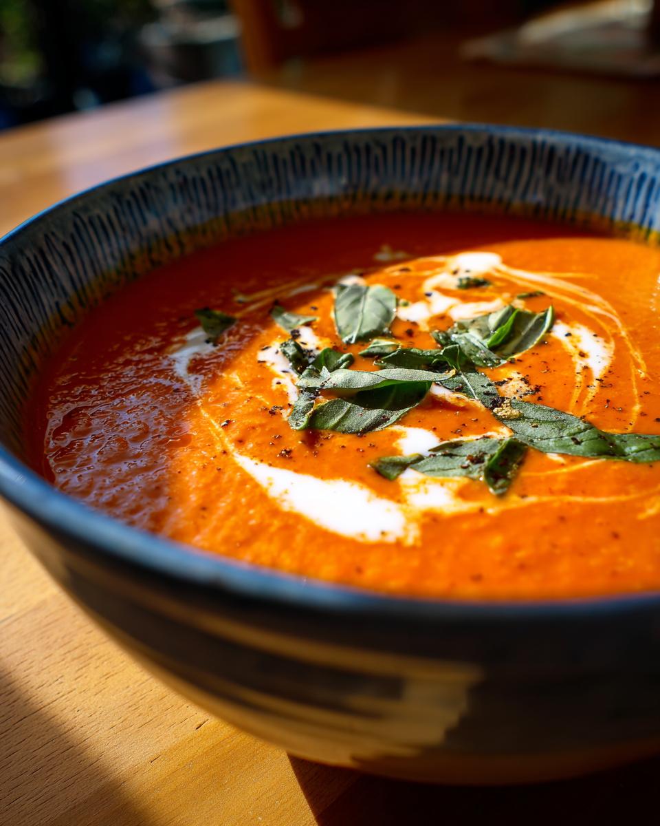 A close-up of a bowl of creamy tomato basil soup, garnished with fresh basil leaves and a swirl of cream.