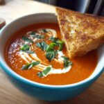 A bowl of creamy tomato basil soup topped with cream swirls, fresh basil, and a grilled cheese crouton.