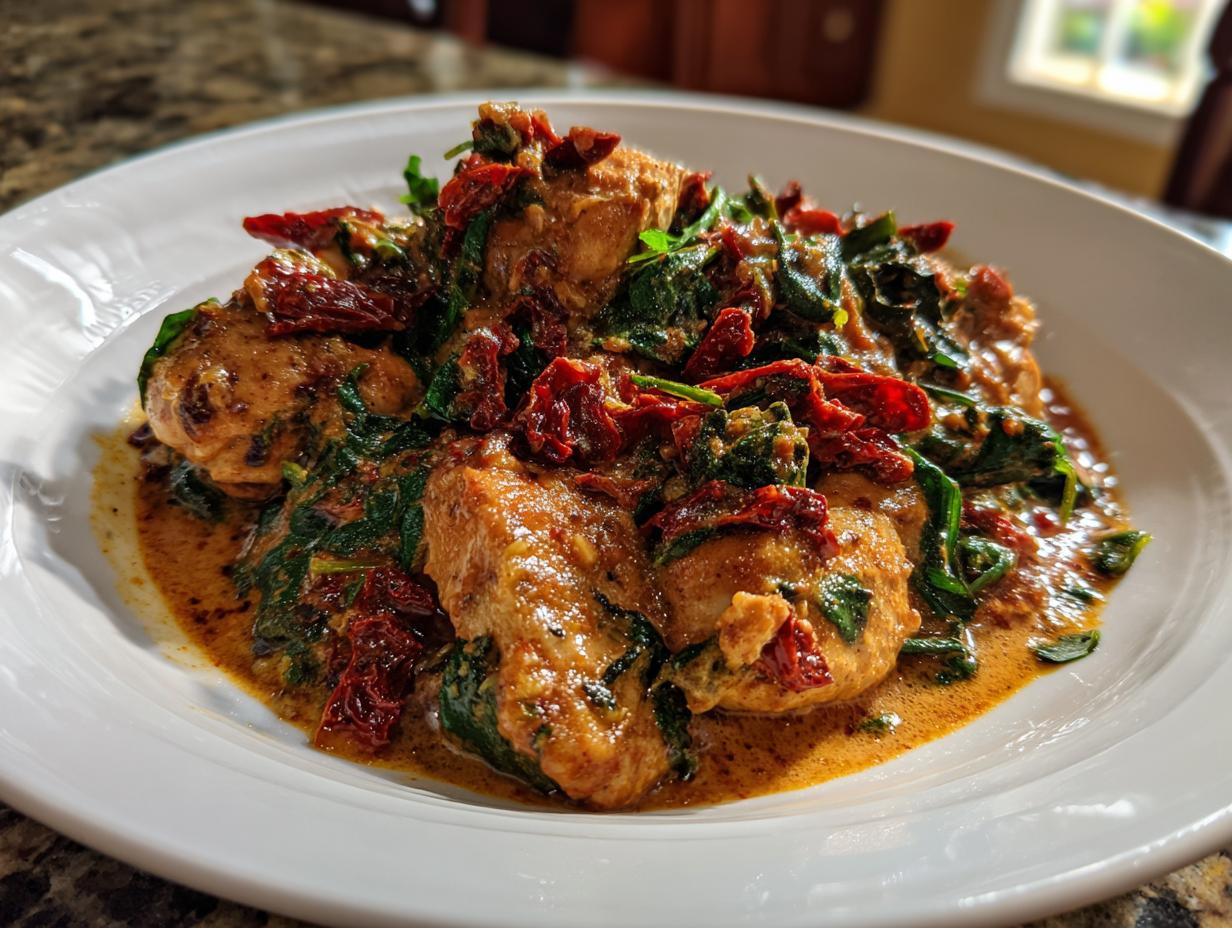 A close-up of a white plate filled with creamy Tuscan chicken, featuring tender chicken pieces with spinach and sun-dried tomatoes in a rich sauce.