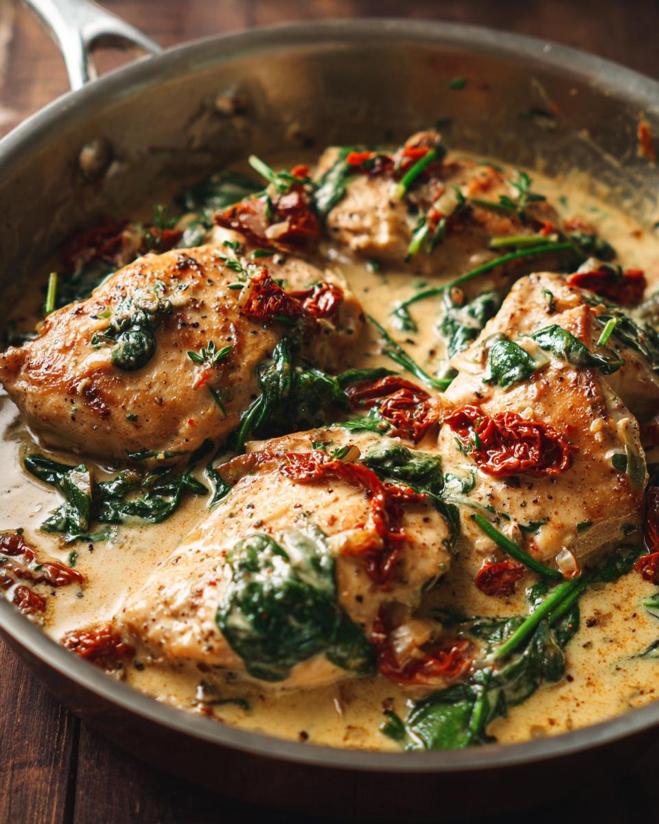Close-up of pan-seared chicken breasts in a creamy Tuscan sauce with spinach and sun-dried tomatoes.
