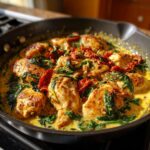 Close-up of tender chicken pieces in a rich, creamy sauce with spinach and sun-dried tomatoes, a perfect creamy Tuscan chicken.