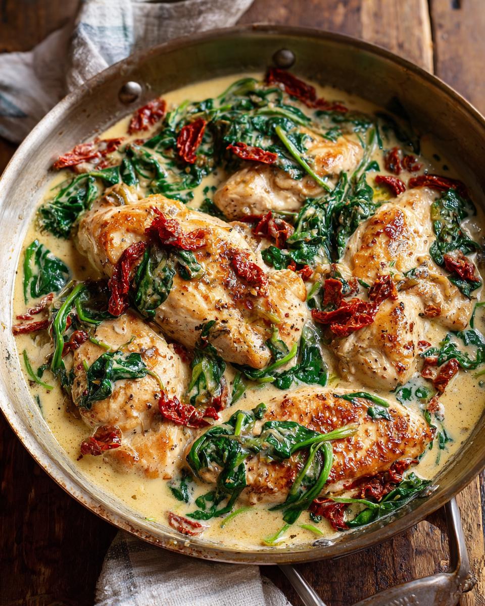 Close-up of succulent creamy Tuscan chicken breasts in a rich sauce with spinach and sun-dried tomatoes.