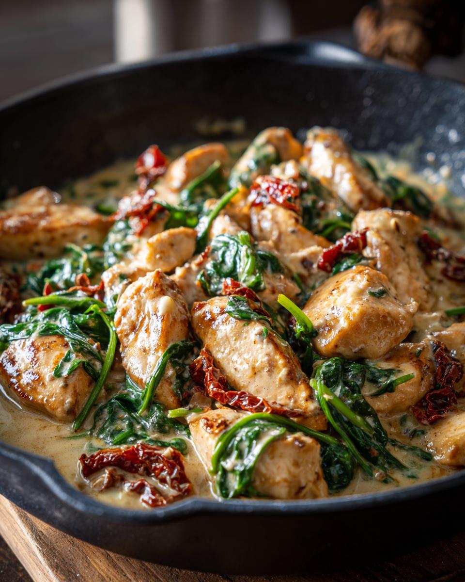 Close-up of tender chicken pieces in a creamy sauce with spinach and sun-dried tomatoes, a delicious creamy Tuscan chicken dish.