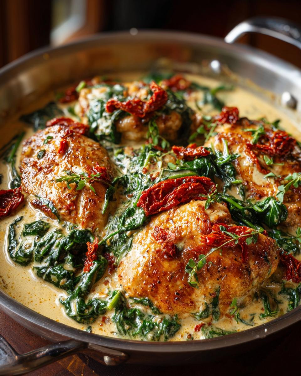 Close-up of pan-seared chicken breasts in a creamy Tuscan sauce with spinach and sun-dried tomatoes.