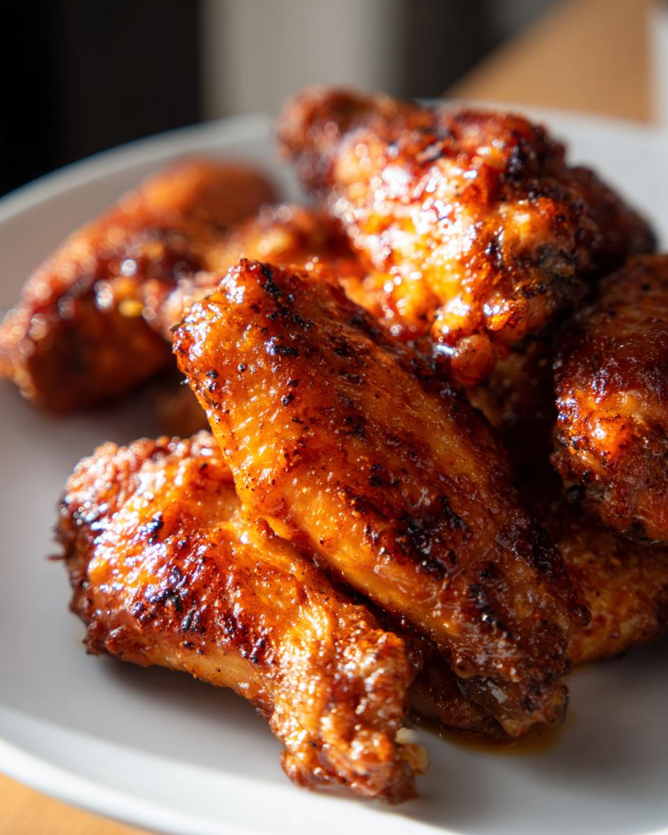 A close-up, mouth-watering view of perfectly cooked crispy air fryer chicken wings on a white plate.