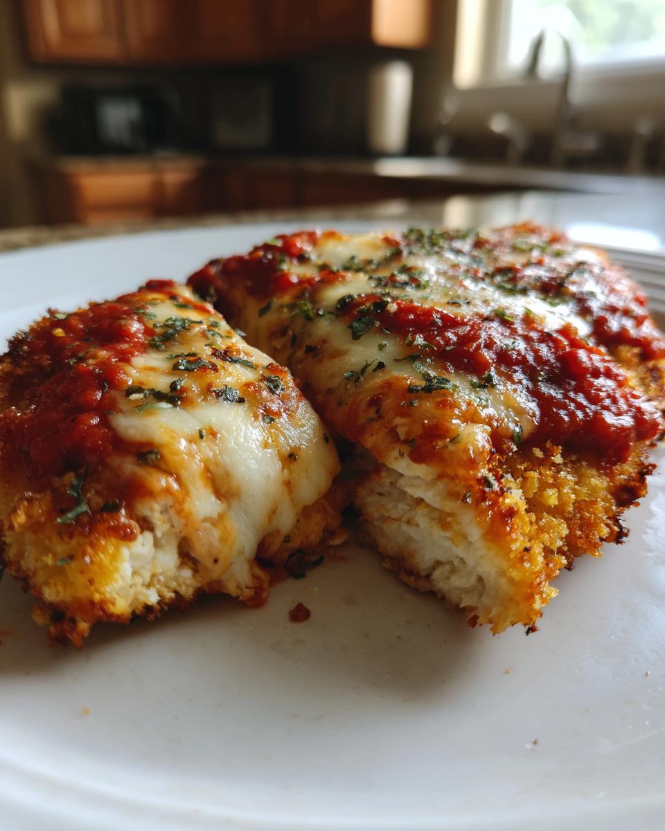 A close-up of two pieces of crispy baked chicken parmesan, topped with melted mozzarella and marinara sauce, sprinkled with herbs.