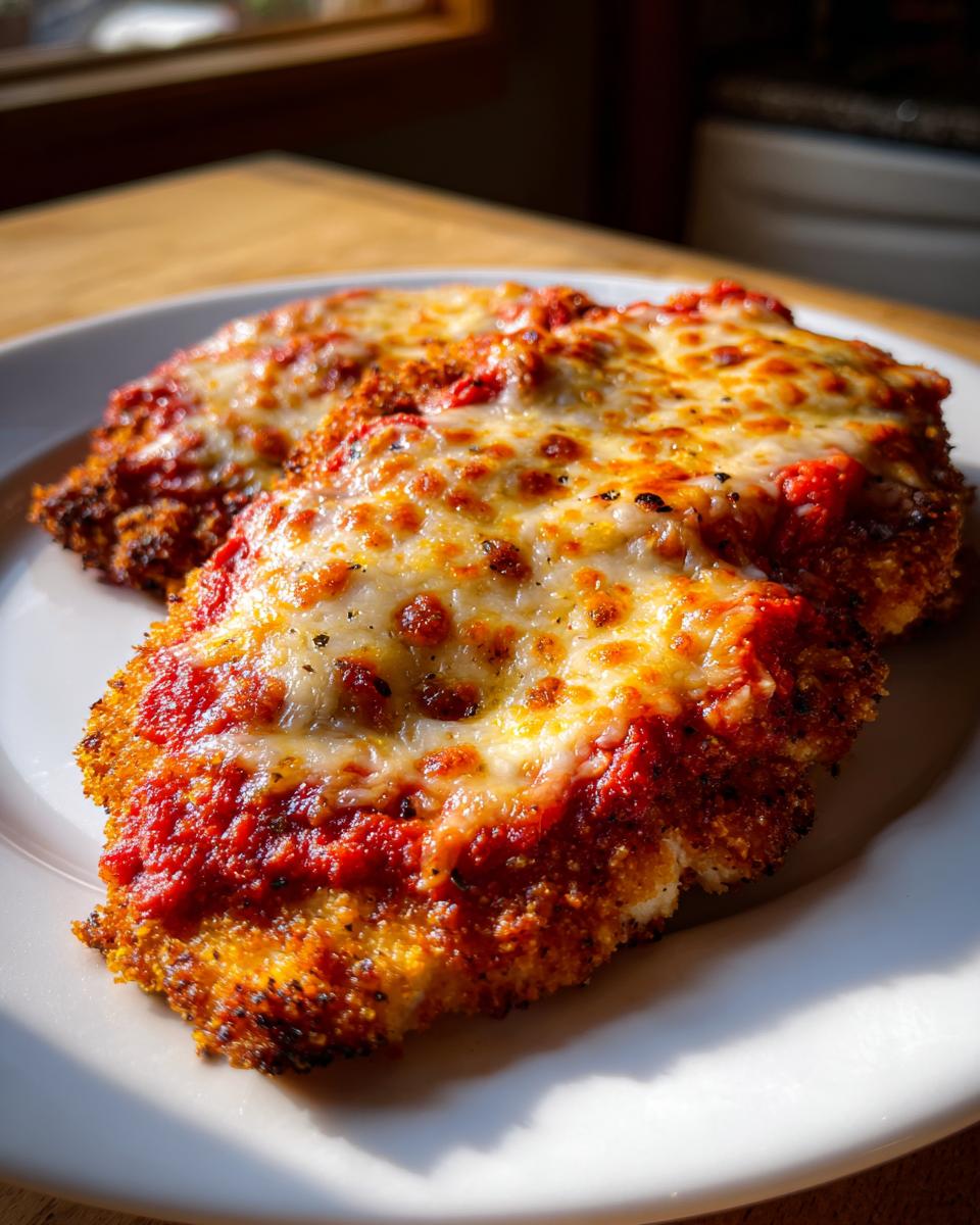 Close-up of two pieces of crispy baked chicken parmesan topped with marinara sauce and melted mozzarella cheese.