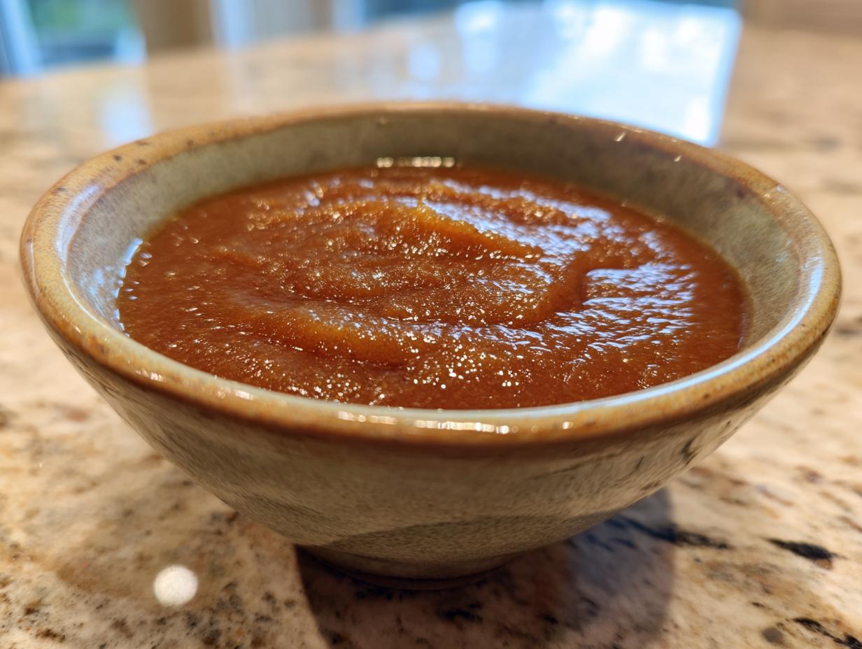 A close-up of a rustic bowl filled with rich, smooth crockpot apple butter.