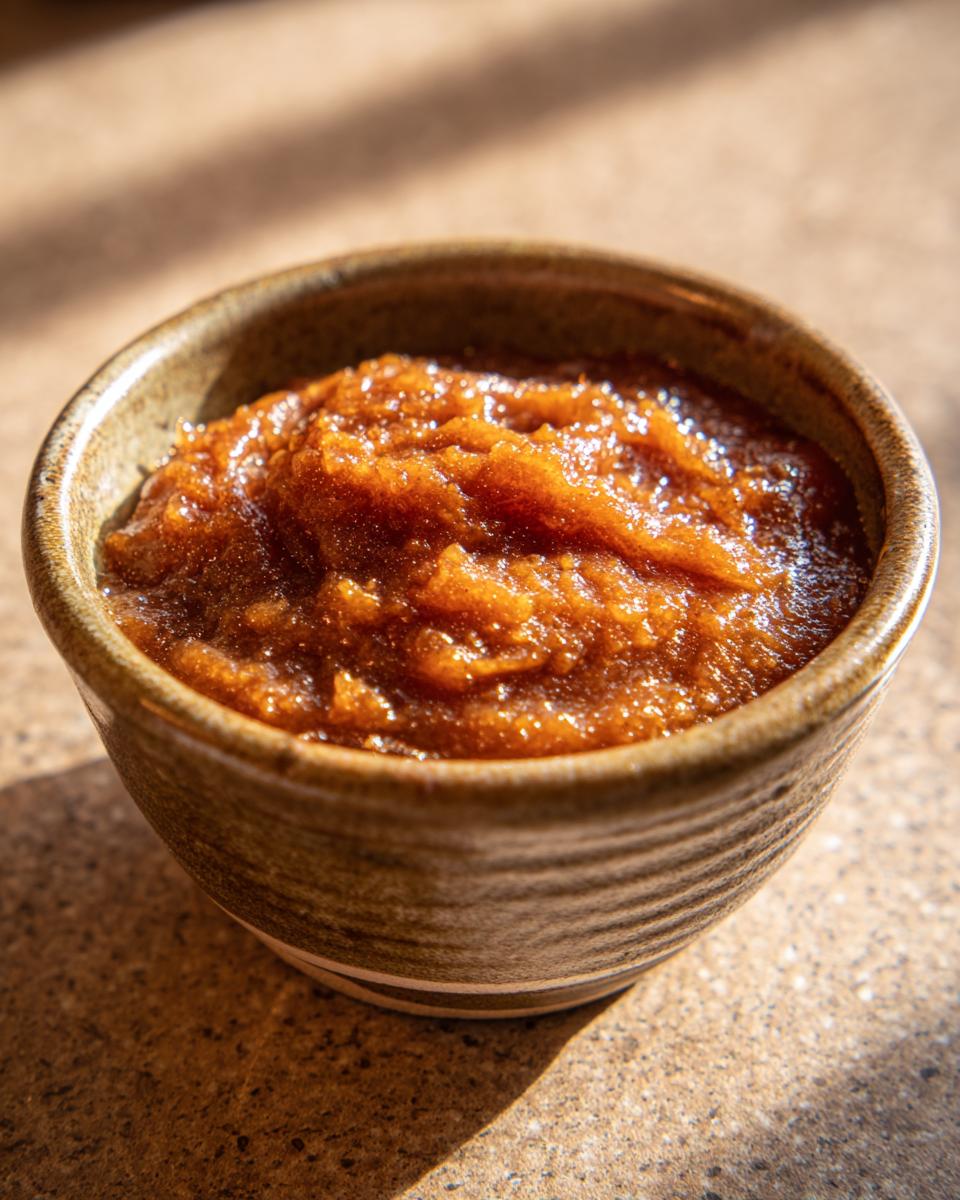 A close-up of homemade Crockpot apple butter in a rustic ceramic bowl, glistening in the sunlight.