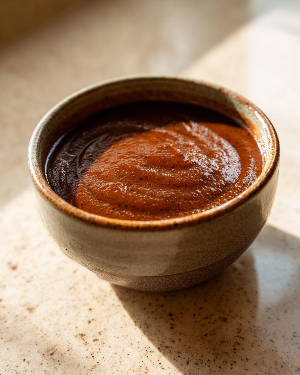 A close-up of rich, dark crockpot apple butter in a rustic bowl, with light casting shadows.