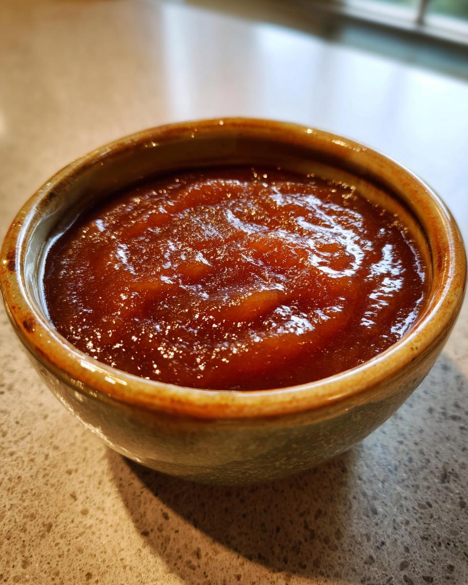 A close-up of rich, smooth crockpot apple butter served in a rustic brown bowl.