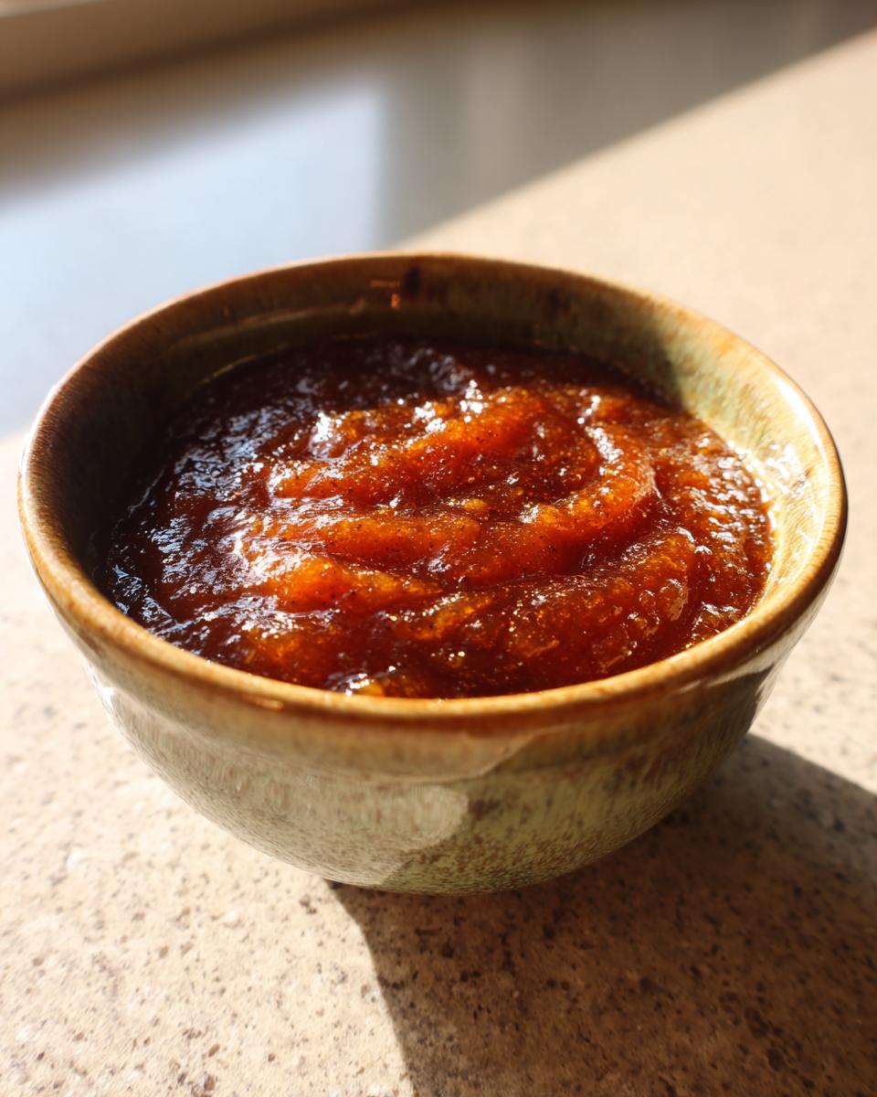 A close-up of thick, rich Crockpot apple butter in a rustic bowl, with sunlight highlighting its texture.