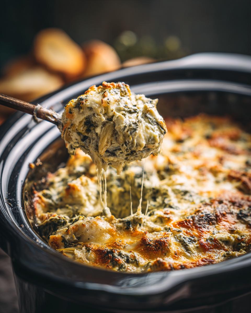 A spoonful of cheesy crockpot spinach artichoke dip being lifted from the crockpot, showing a satisfying cheese pull.