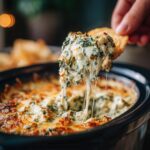 A scoop of hot crockpot spinach artichoke dip being lifted with a tortilla chip, showing gooey melted cheese.