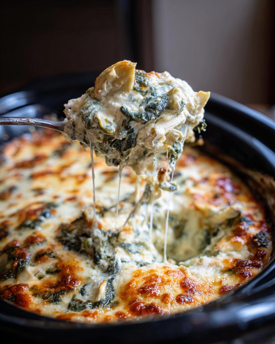 A spoonful of hot, cheesy crockpot spinach artichoke dip being lifted from the crockpot.
